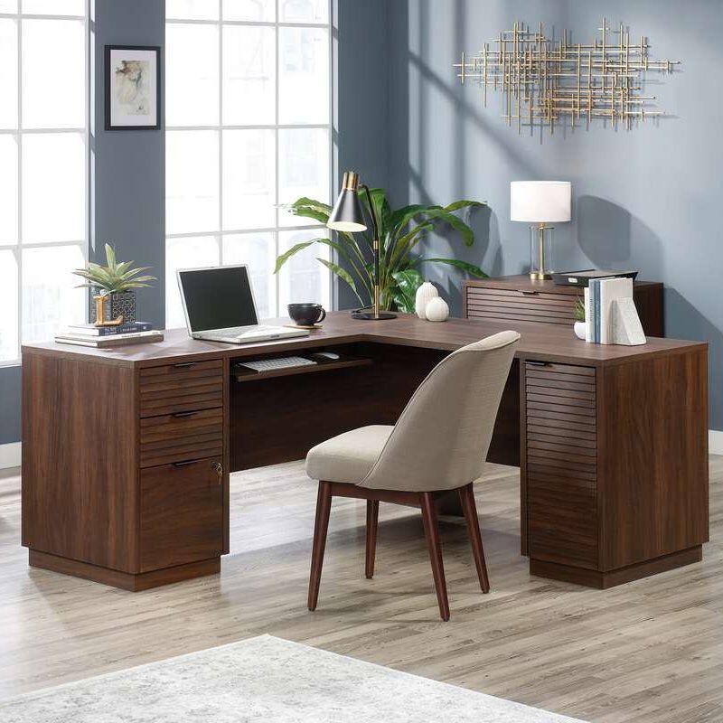 Elstree L Shaped Desk in Spiced Mahogany Finish With Keyboard Shelf