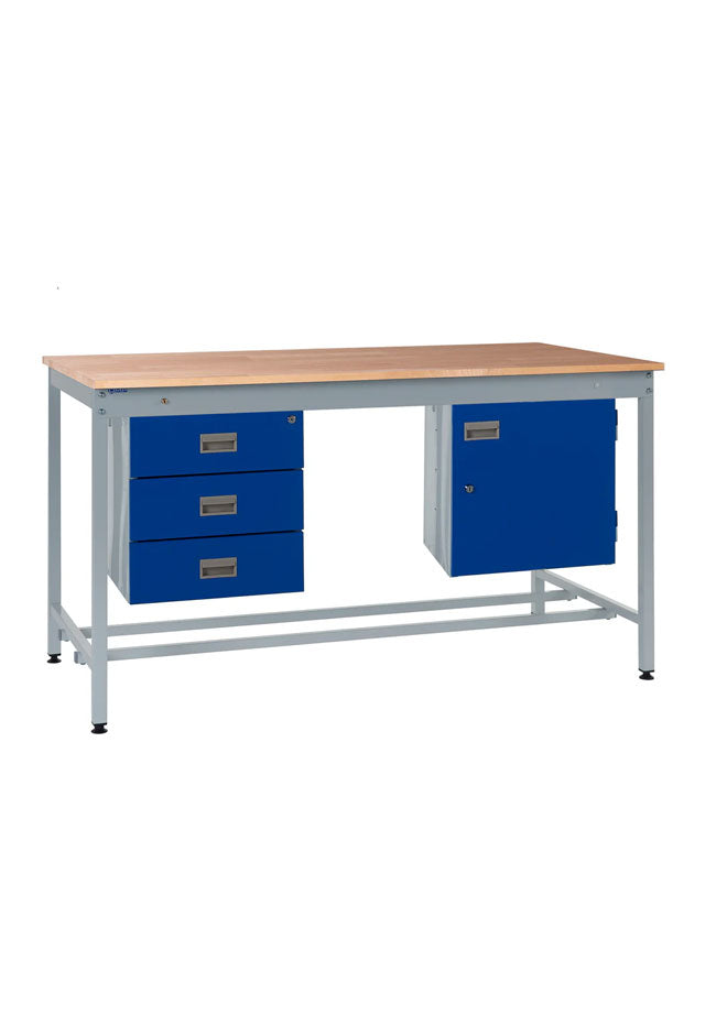 Square Tube Beech Top Workbench With Triple Drawer & Storage Cupboard