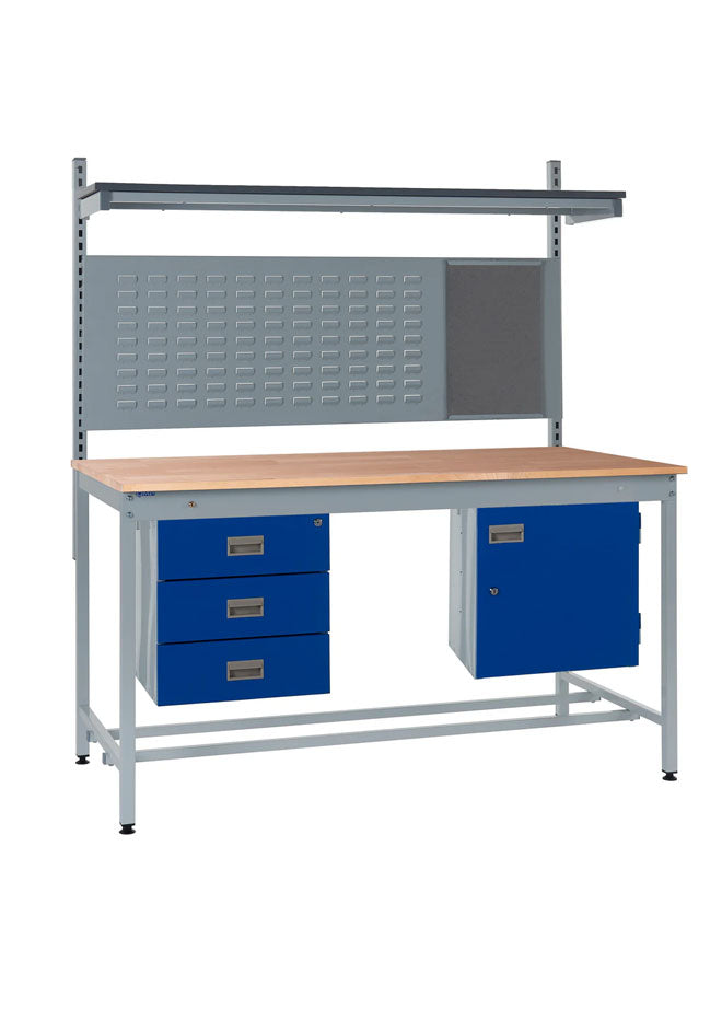Square Tube Beech Top Workbench With Triple Drawer, Upper Shelf & Storage Cupboard