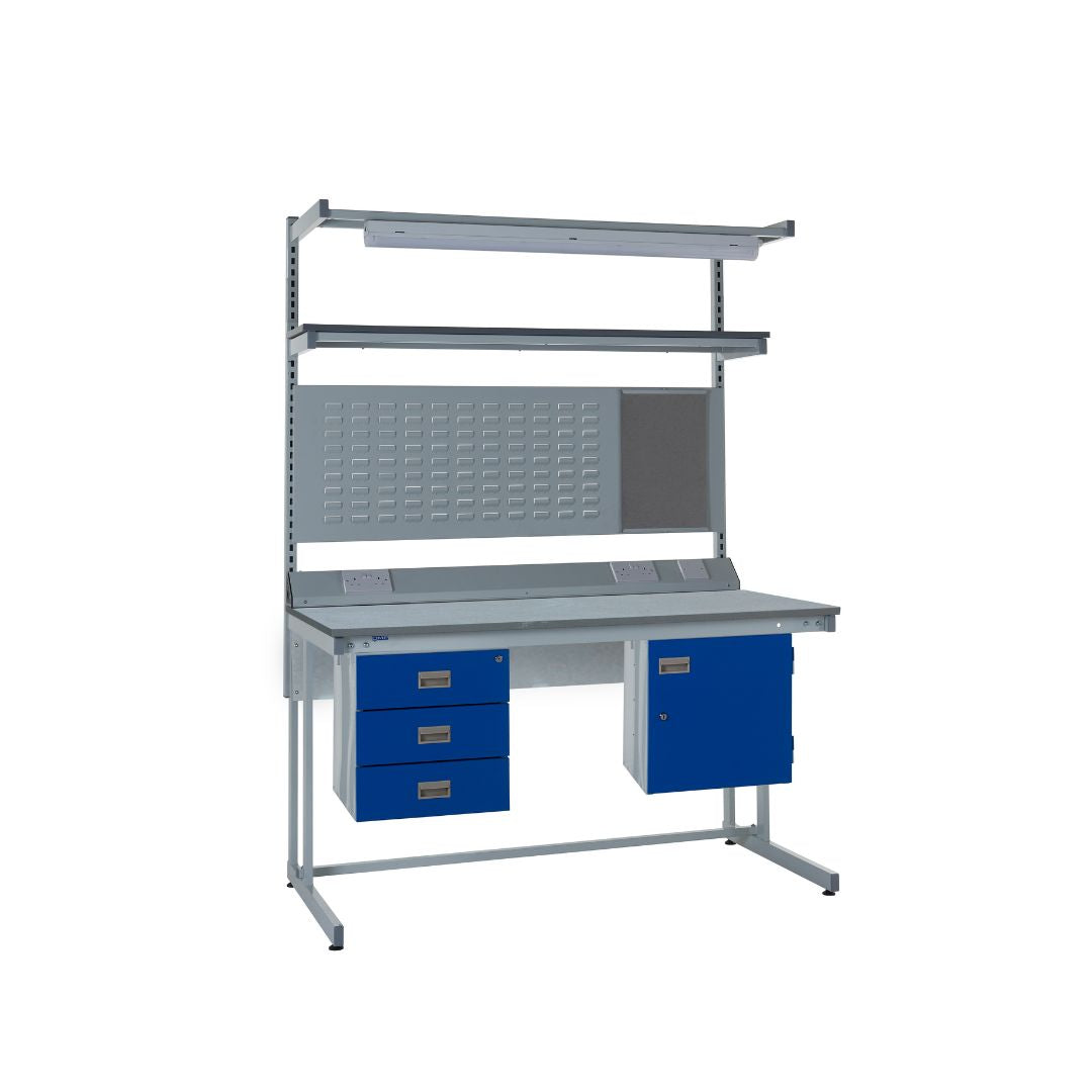 Cantilever Laminate Top LED Light Workbench With Triple Drawer, Upper Shelf & Storage Cupboard