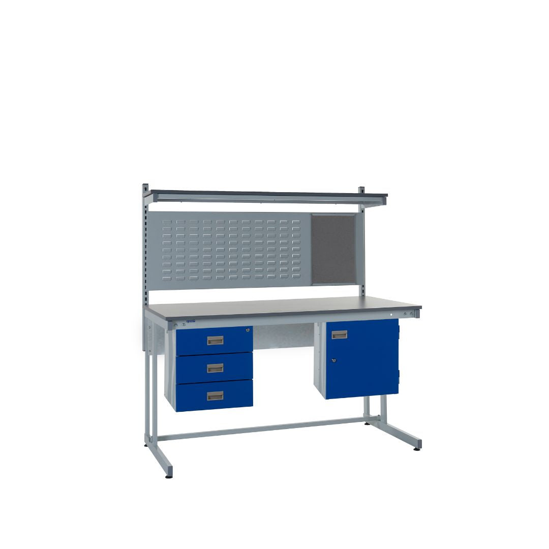 Cantilever Laminate Top Workbench With Triple Drawer, Upper Shelf & Storage Cupboard