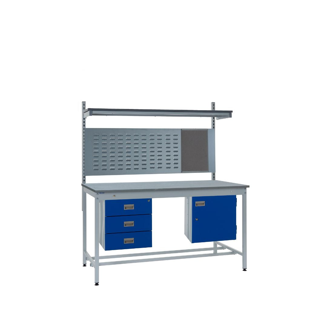 Express ESD Square Tube Lamstat Top Workbench With Storage Cupboard, Upper Shelf & Triple Drawers