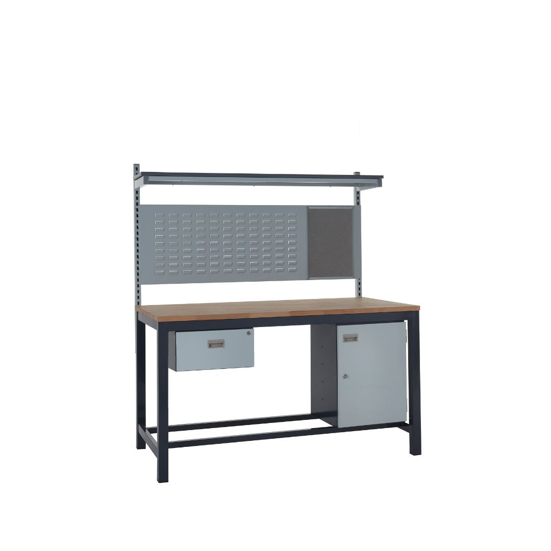Heavy Duty Beech Top Workbench With Single Drawer, Upper Shelf & Storage Cupboard