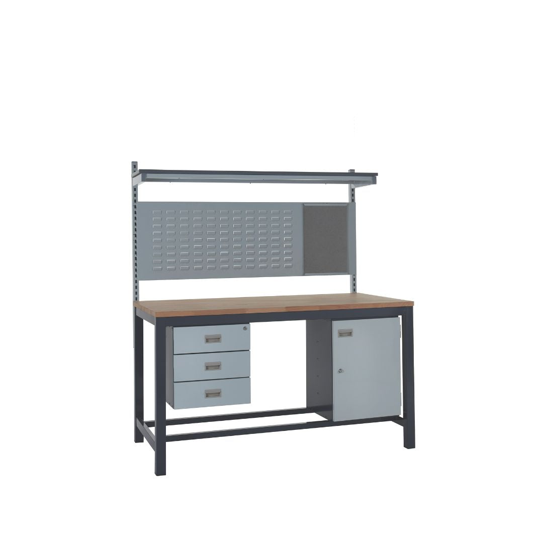 Heavy Duty Beech Top Workbench With Triple Drawer, Upper Shelf & Storage Cupboard