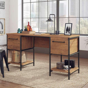 Iron Foundry Double Pedestal Desk with Checked Oak Finish