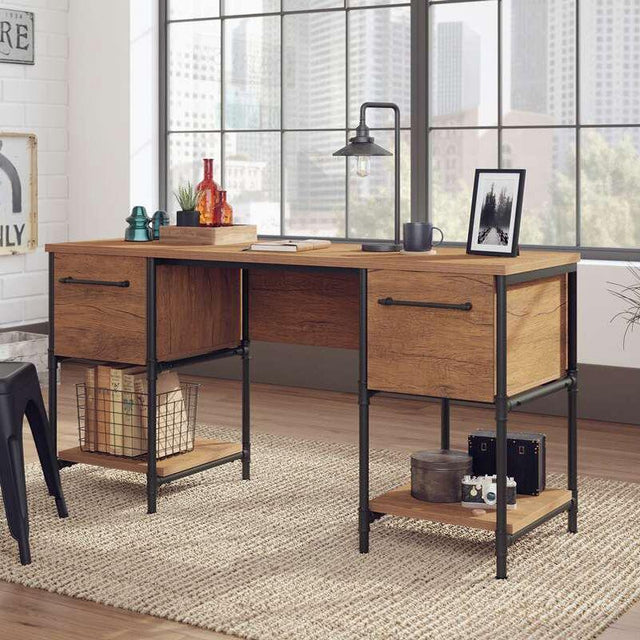Iron Foundry Double Pedestal Desk with Checked Oak Finish