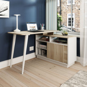 Oak Effect Bridge Desk With Drawers & Sliding Door
