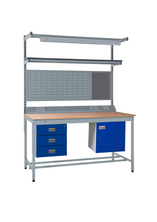 Square Tube Beech Top LED Workbench With Storage Cupboard, Triple Drawer & Upper Shelf