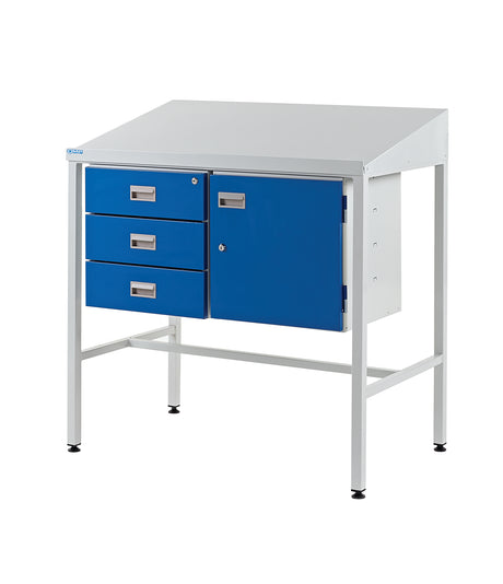 Sloping Top Workstation With Triple Drawer & Cupboard