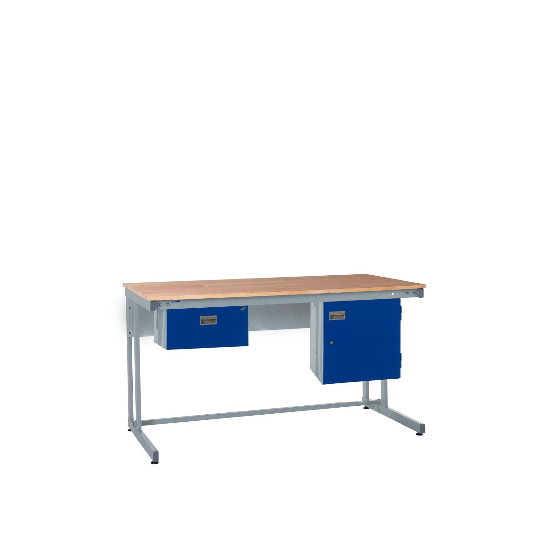 Cantilever Beech Top Workbench With Single Drawer & Storage Cupboard