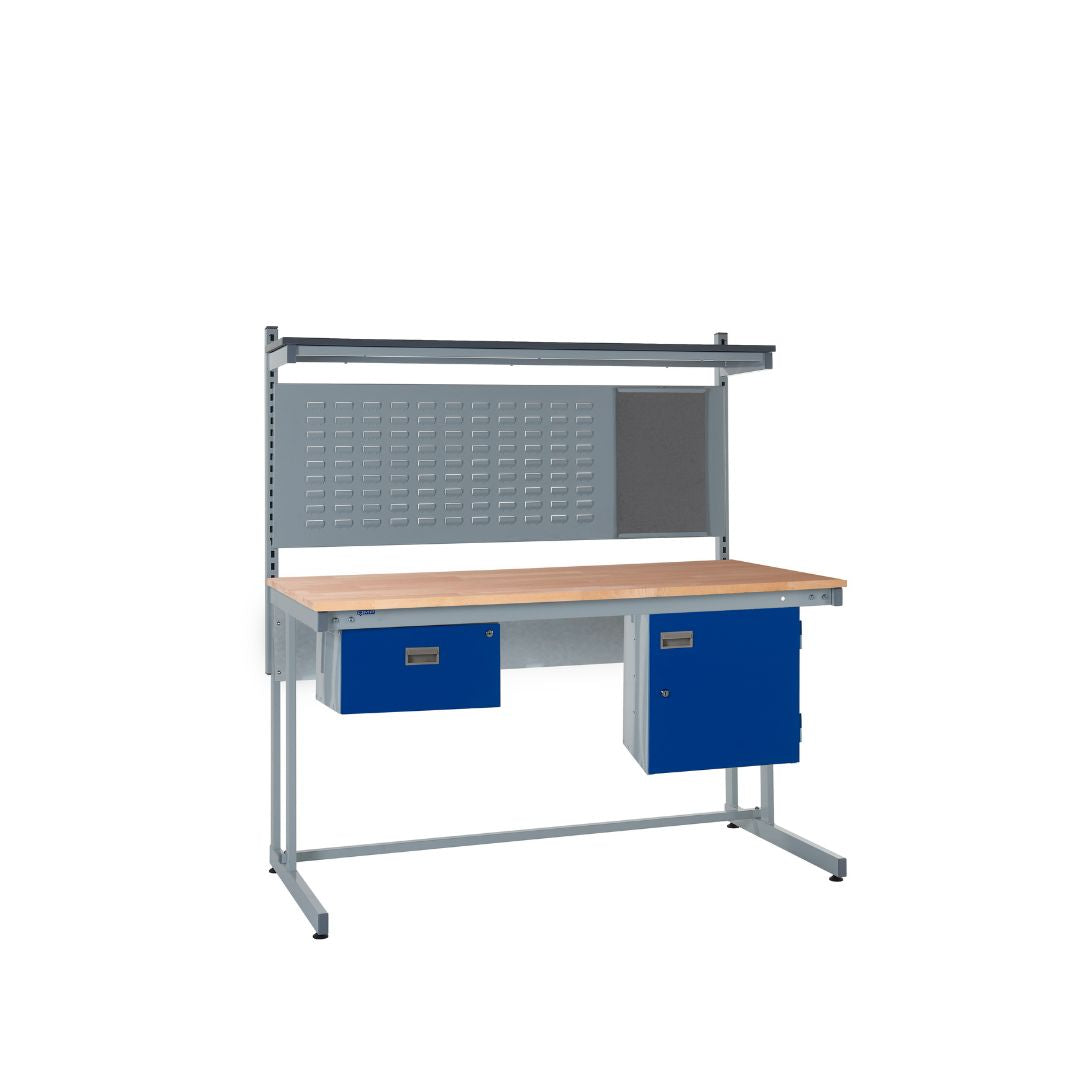 Cantilever Beech Top Workbench With Single Drawer, Upper Shelf & Storage Cupboard