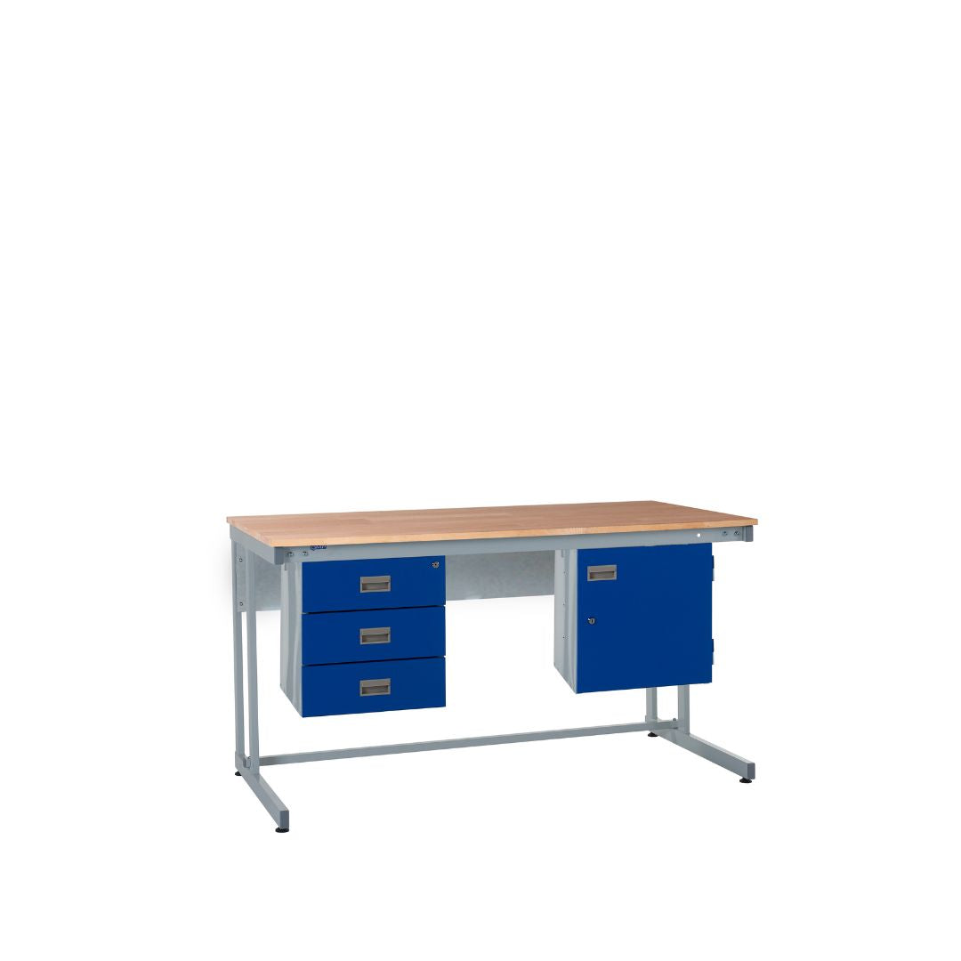 Cantilever Beech Top Workbench With Triple Drawer & Storage Cupboard