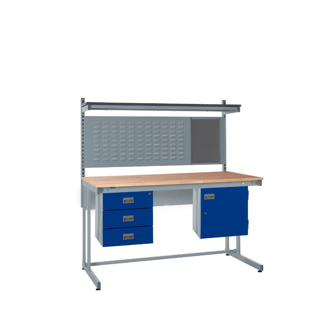 Cantilever Beech Top Workbench With Triple Drawer, Upper Shelf & Storage Cupboard