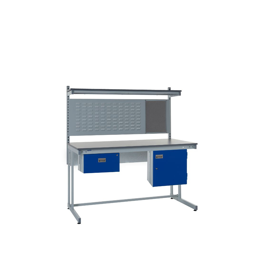 Cantilever Laminate Top Workbench With Single Drawer, Upper Shelf & Storage Cupboard