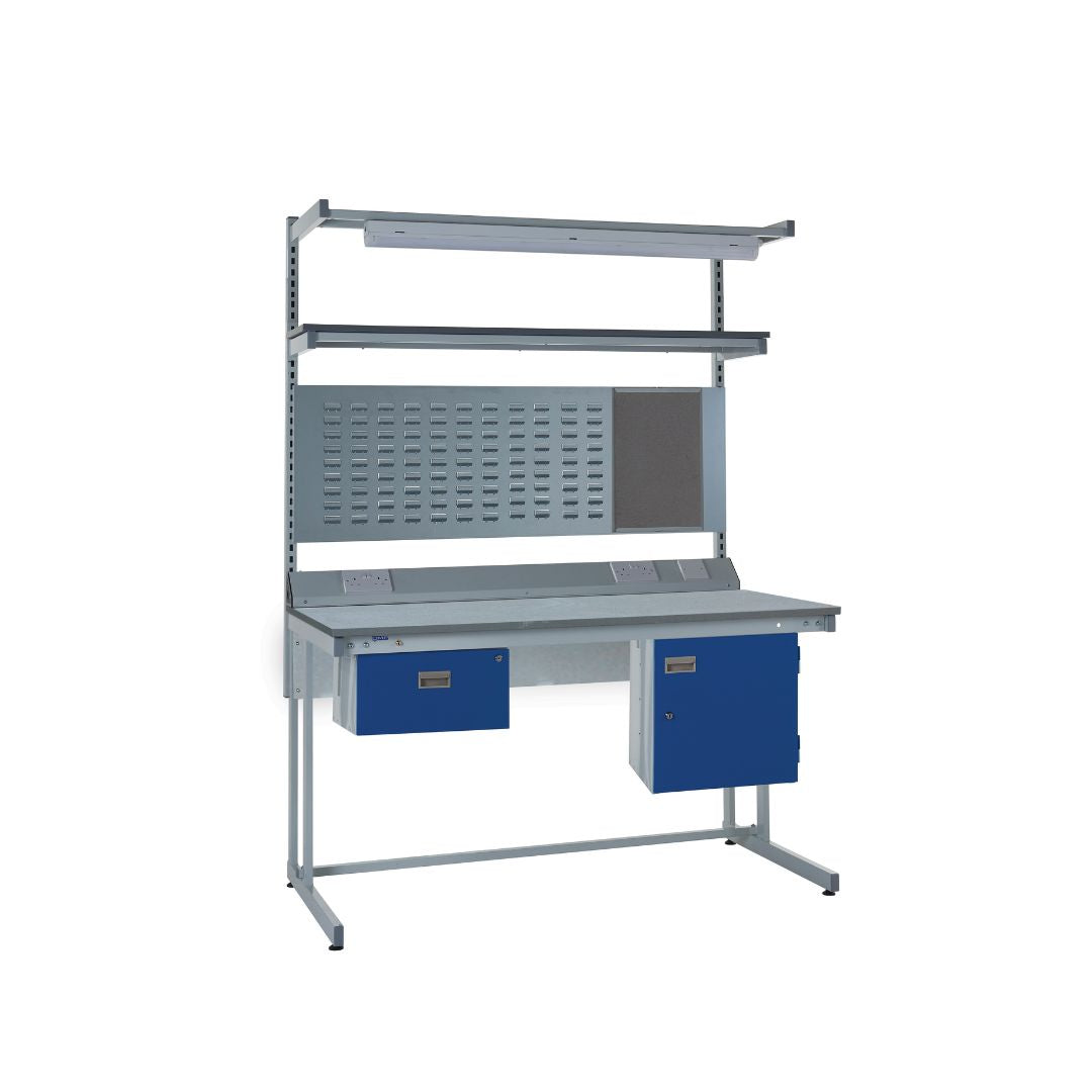 Cantilever LED Lamstat Top Workbench With Single Drawer, Upper Shelf & Storage Cupboard