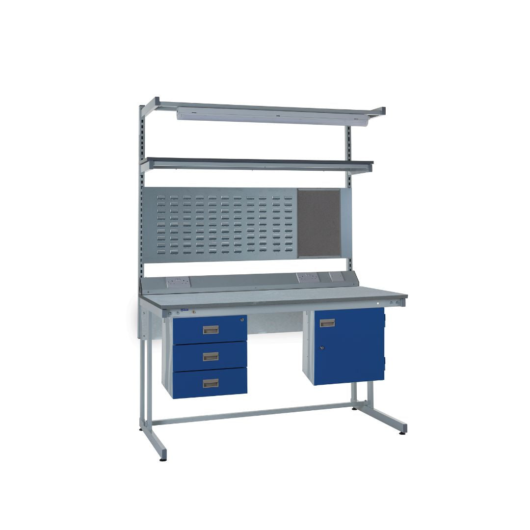 Cantilever LED Lamstat Top Workbench With Triple Drawer, Upper Shelf & Storage Cupboard