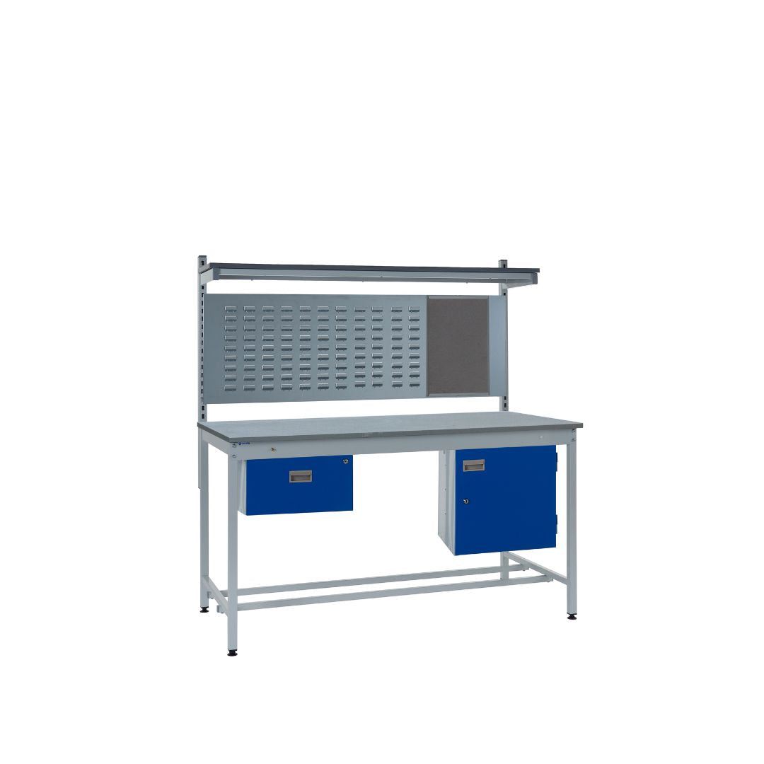 Express ESD Square Tube Lamstat Top Workbench With Storage Cupboard, Upper Shelf & Single Drawers
