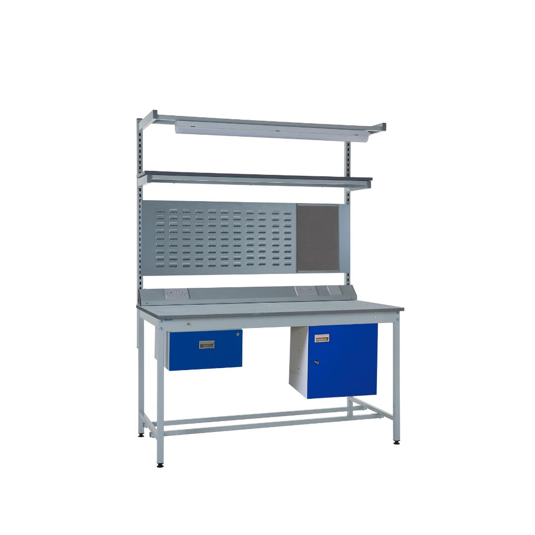 Express LED Square Tube Lamstat Top Workbench With Storage Cupboard, Upper Shelf & Single Drawers