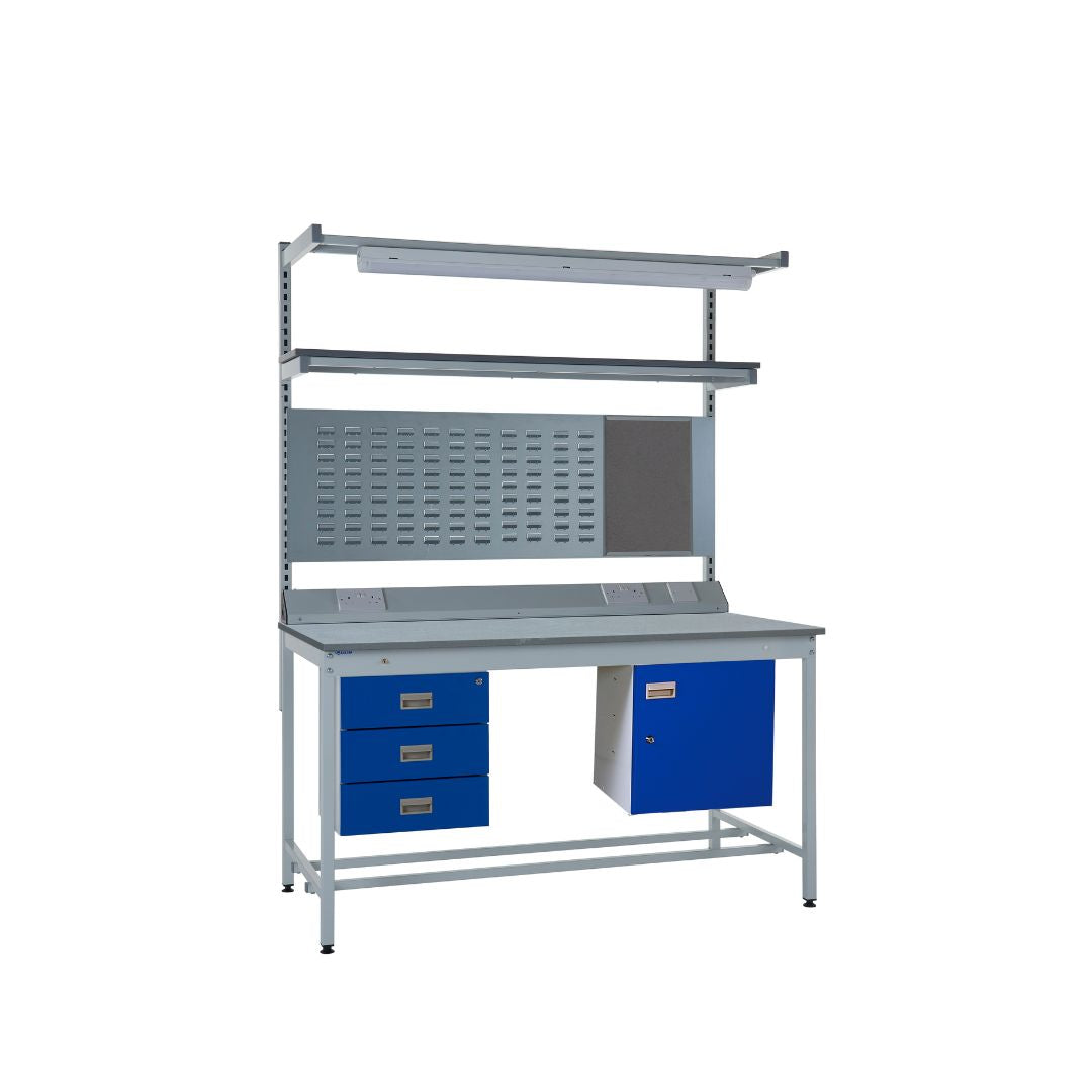 Express LED Square Tube Lamstat Top Workbench With Storage Cupboard, Upper Shelf & Triple Drawers
