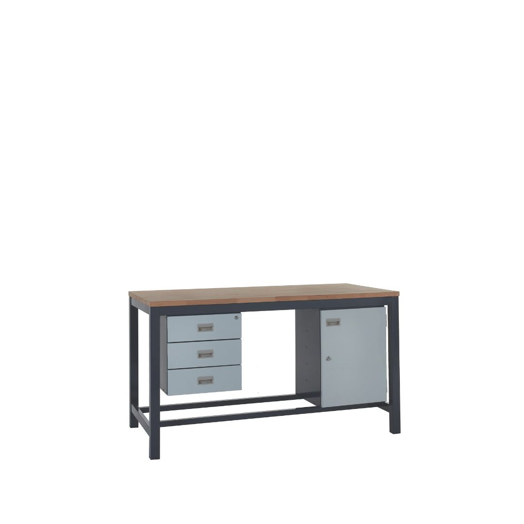 Heavy Duty Beech Top Workbench With Triple Drawer & Storage Cupboard