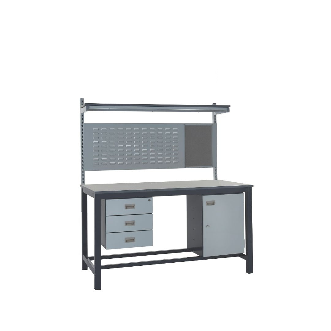 Heavy Duty Laminate Top Workbench With Triple Drawer, Upper Shelf & Storage Cupboard