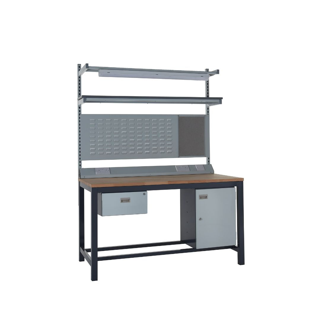 LED Heavy Duty Beech Top Workbench With Single Drawer, Upper Shelf & Storage Cupboard