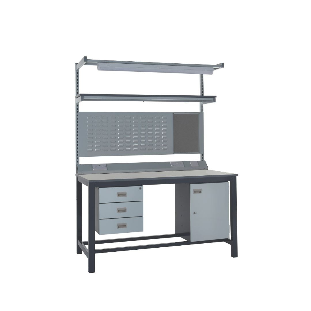 LED Heavy Duty Laminate Top Workbench With Triple Drawer, Upper Shelf & Storage Cupboard