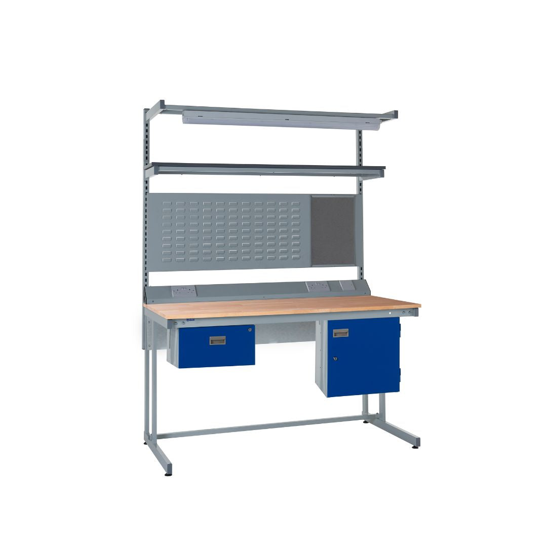 Cantilever Beech Top LED Light Workbench With Single Drawer & Storage Cupboard