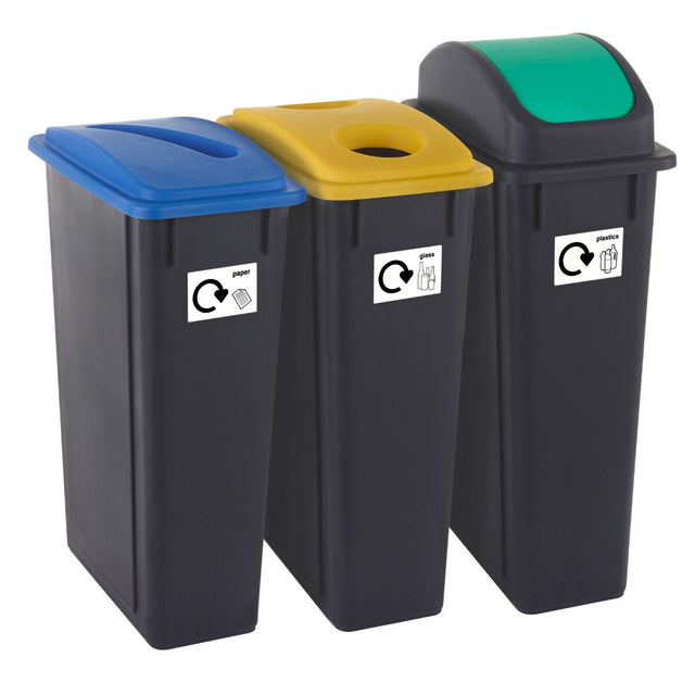 Set Of 3 Plastic Recycling Bins With 3 Lid Types